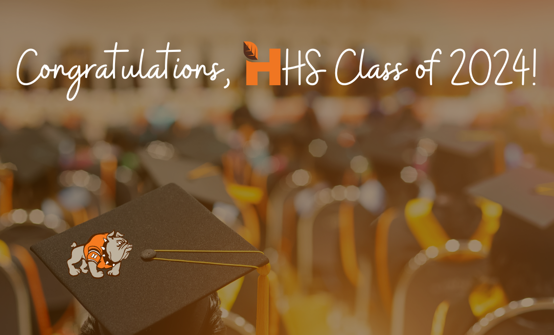Graphic with graduates, Heath leaf logo, Heath Bulldog, and &#34;Congratulations, HHS Class of 2024!&#34;